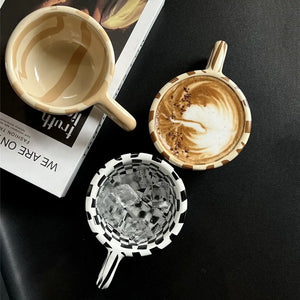 Unique INS Ceramic Coffee Cup Hand Pinched Plaid Irregular Chessboard Mugs U-shaped handle Heat-resistant Water Cups Milk
