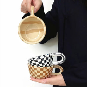 Unique INS Ceramic Coffee Cup Hand Pinched Plaid Irregular Chessboard Mugs U-shaped handle Heat-resistant Water Cups Milk