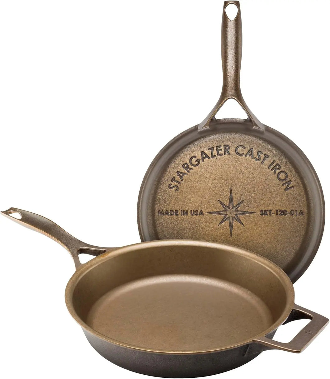 Stargazer 12-Inch Cast Iron Skillet | Made in USA, Seasoned, Even Heat Distribution, Lightweight, Easy to Clean, Smooth Nonstick
