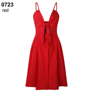 Women Summer Sexy Bowknot Buttons Spaghetti Strap V Neck Backless Party Dress