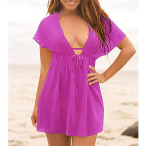 Women Beach Dress Cover Up Solid Color Summer Swimwear Deep V-Neck Sexy Sarong