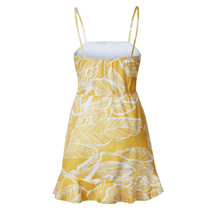 Women Summer Sexy Pineapple Leaf Printing Spaghetti Strap Backless Party Dress