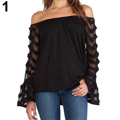 Women Fashion Casual Sexy Summer Off Shoulder Long Sleeve Lace Stitching Blouse