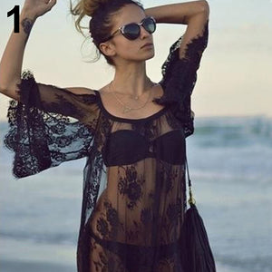 Women's Fashion Hollow Beach Sling Dress Sexy Lace See-through Sundress Top