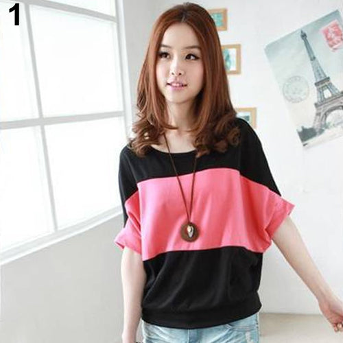 Women Fashion Short Batwing Sleeve Loose T-shirt Blouse Color Splicing Tee Shirt