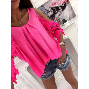 Women Hollow Sleeve Shirt Summer Solid Color Blouse Casual Back Strap Top