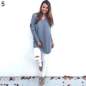 Women Pure Color Loose Casual V Neck Long Sleeve Pullover Dress Top Blouse Sweater