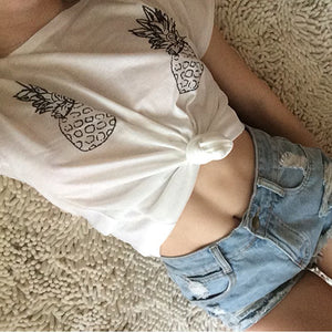 Women's Concise White Tee Shirt Pineapple Printing T-shirt Fashion Top Blouse
