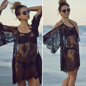 Women's Fashion Hollow Beach Sling Dress Sexy Lace See-through Sundress Top