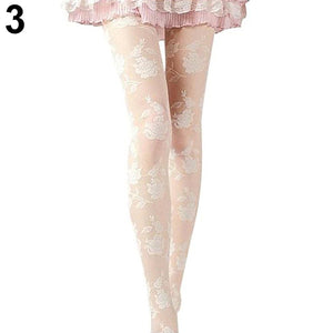 Women Fashion Rose Pattern Tight Lace Pantyhose Sexy See-through Stockings