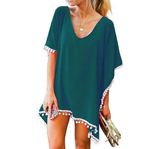 Women Summer Chiffon Pompom Trim Tassel Beach Dress Swimsuit Bikini Cover Up