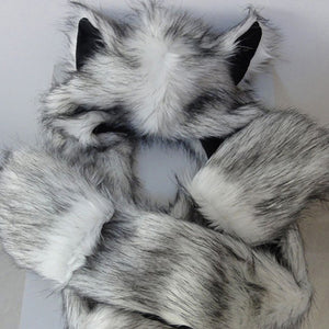Women Fashion Wolf Ears Paws Faux Fur 3 in 1 Hat Scarf Mittens Winter Warm Cap