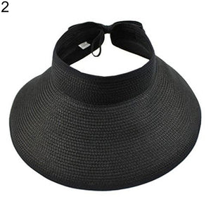 Women's Summer Wide Brim Roll Up Foldable Sun Beach Straw Braid Visor Sun Hat