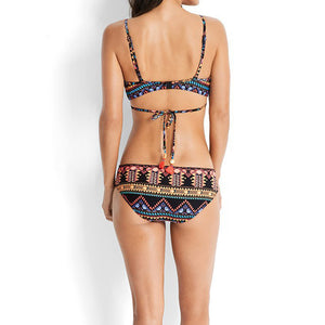 Women Retro Geometrical Pattern Bandage Bikini Set Padded Bra Swimsuit Swimwear