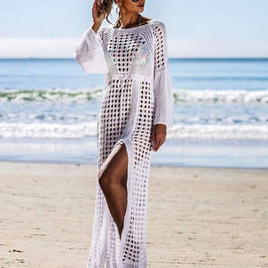 Summer Women Hollow Knitted Long Sleeve High Split Bikini Cover Up Maxi Dress