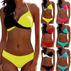 Women Sexy Two-color Patchwork Cross Bikini Swimwear Separate Bathing Suits