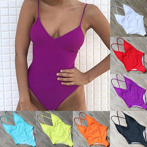 Women Summer Solid Color Cross Bandage Backless Monokini Swimsuits Swimwear