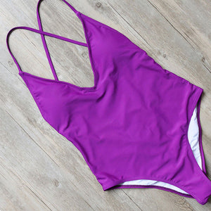 Women Summer Solid Color Cross Bandage Backless Monokini Swimsuits Swimwear