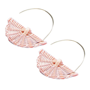 Summer Beach Women Lightweight Rattan Woven Fan Shape Pendant Hook Earrings