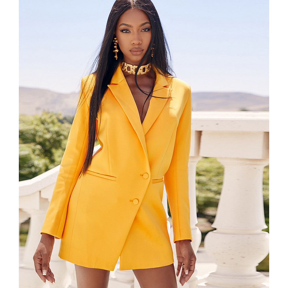 Women's Blazer, Solid Colored Peaked Lapel Polyester Yellow