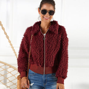 Sweater Life Faux Fur Coat, Solid Colored Turndown Long Sleeve Faux Fur Wine / Blushing Pink / Khaki