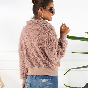 Sweater Life Faux Fur Coat, Solid Colored Turndown Long Sleeve Faux Fur Wine / Blushing Pink / Khaki