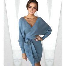 Load image into Gallery viewer, Women&#39;s Mini Sweater Dress - Solid Colored Wrap V Neck Fall Orange Gray Light Blue M L XL