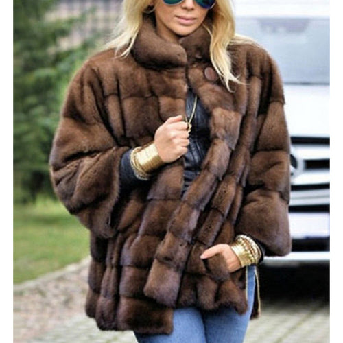 Women's Everyday Faux Fur Coat, Solid Colored Stand Long Sleeve Faux Fur Brown