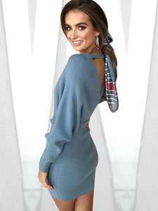 Women's Mini Sweater Dress - Solid Colored Wrap V Neck Fall Orange Gray Light Blue M L XL