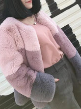 Load image into Gallery viewer, Welcome To My Block Party Short Faux Fur Coat, Color Block Round Neck Long Sleeve Faux Fur Blushing Pink