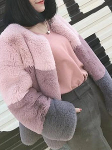 Welcome To My Block Party Short Faux Fur Coat, Color Block Round Neck Long Sleeve Faux Fur Blushing Pink
