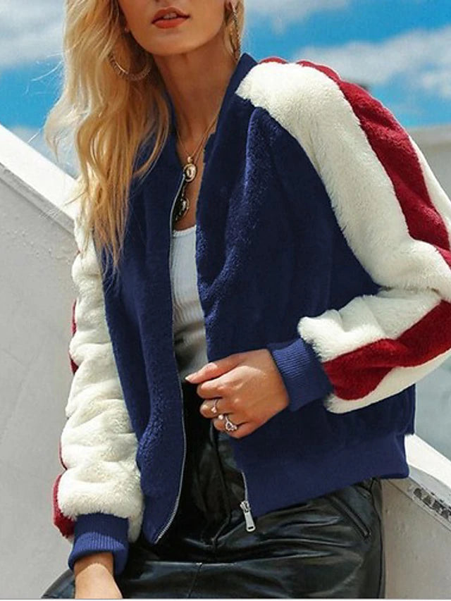 Women's Short Jacket, Color Block Round Neck Long Sleeve Royal Blue / Red