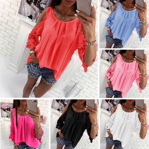 Women Hollow Sleeve Shirt Summer Solid Color Blouse Casual Back Strap Top