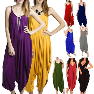 Women Summer Fashion Solid Color Harem Overall Romper Loose Casual Jumpsuit