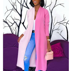 Long Trench Sweater, Color Block V Neck Long Sleeve  White / Blushing Pink