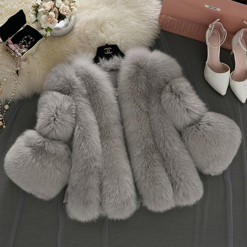 Regal Flow Faux Fur Coat, V Neck Long Sleeve Faux Fur White / Blushing Pink / Gray women