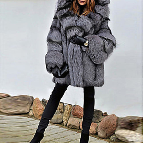 Party  Faux Fur Coat, Solid Colored Hooded Long Sleeve Faux Fur Gray
