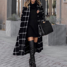 Load image into Gallery viewer, Women&#39;s Long Trench Coat, Plaid Rolled collar Long Sleeve Polyester Black