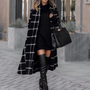 Women's Long Trench Coat, Plaid Rolled collar Long Sleeve Polyester Black