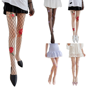 Women Sexy See-through Flower Rhinestone Grid Long Stockings Pantyhoses