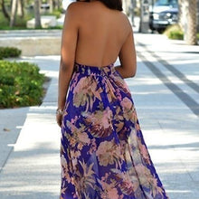 Load image into Gallery viewer, Women Bohemia Flower Print Halter V-Neck Backless Long Maxi Dress + Shorts
