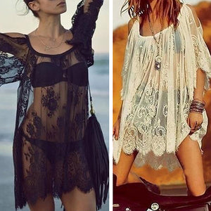 Women's Fashion Hollow Beach Sling Dress Sexy Lace See-through Sundress Top