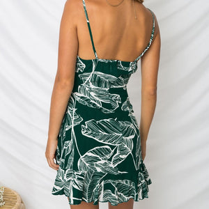 Women Summer Sexy Pineapple Leaf Printing Spaghetti Strap Backless Party Dress