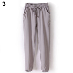 Women Fashion Casual Chffion Pants Solid Color Elastic Waist Full Length Trousers