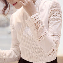 Load image into Gallery viewer, Women&#39;s Casual Lace Crochet Hollow Slim Blouses Long Sleeve White Shirt Top