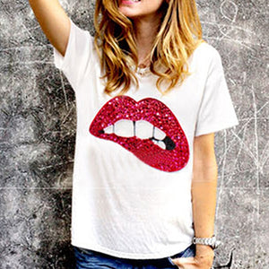 Women's Fashion Loose Casual Cotton Short Sleeve Lip Sequins Blouse T-shirt Tops