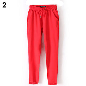 Women Fashion Casual Chffion Pants Solid Color Elastic Waist Full Length Trousers