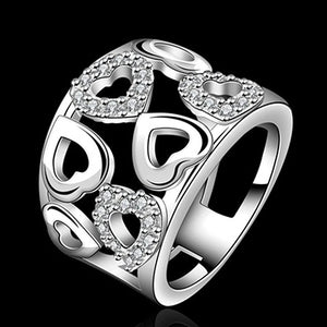 Women 925 Sterling Silver Plated Rhinestone Wide Band Cluster Hollow Heart Ring
