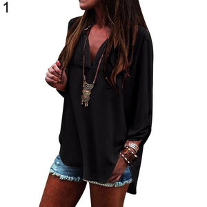 Women's Long Sleeve V Neck Top Loose Baggy Casual Pure Color Blouse Plus Size