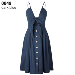 Women Summer Sexy Bowknot Buttons Spaghetti Strap V Neck Backless Party Dress